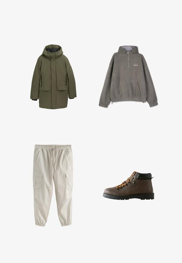 Olive rohe parka jakk, millel on kapuuts, suured ees taskud ja struktureeritud pind. Omab nööpide sulgemist ja elastseid varrukaotste. ; Hallhalli hallide ääreline kapuutsiga fleece-pullover, millel on pooltõmbe lukuga eesmine osa ja kengur tasku. Omab soonikdata reisi ja stringsui, et reguleerida.; Heledat beežid cargo-püksid elastse vöökoha ja mansettidega, küljetaskute ning lahtiste flöötidega reitel.; Pruun nahkmatkasaabas, millel on oranžid paelad, metallist aukudega, must pehmendusega ankle-kollari ja paks must kummitald.