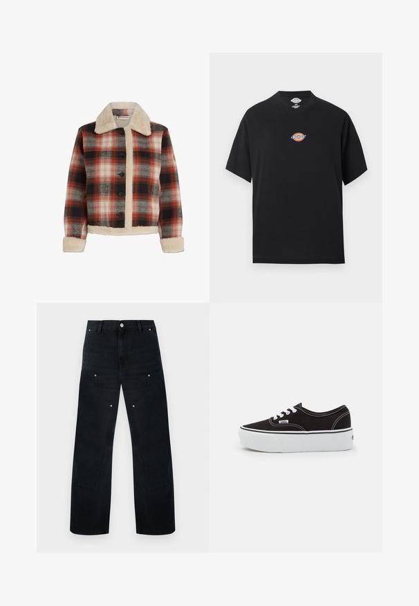 Veste à carreaux rouge, noir et beige, présentant un col et une doublure en shearling, une fermeture à boutons et des manches longues avec des poignets en shearling.; T-shirt noir à manches courtes avec un petit logo Dickies coloré centré sur la poitrine et un col rond.; Pantalon en denim noir à jambes larges avec une taille haute, présentant des coutures discrètes, deux poches avant et des accents de ferrures métalliques.; Baskets en toile noires avec une semelle en caoutchouc blanc, dotées de lacets et de coutures blanches, marquage emblématique sur le côté, design basse.