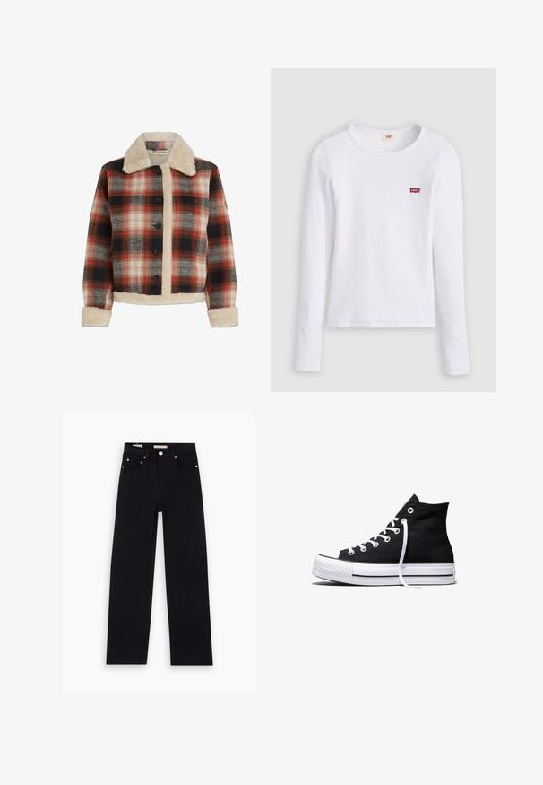 Veste à carreaux rouge, noir et beige, présentant un col et une doublure en shearling, une fermeture à boutons et des manches longues avec des poignets en shearling.; Chemise Levi's blanche à manches longues avec col rond et petit logo rouge Levi's sur la poitrine gauche, présentée sur un fond uni.; Jean en denim noir avec une coupe droite, cinq poches, matériel en cuivre et texture lisse. Deux étiquettes visibles sur la taille.; Baskets montantes en toile noire avec semelle en caoutchouc blanche et lacets blancs, vues de côté sur un fond blanc.