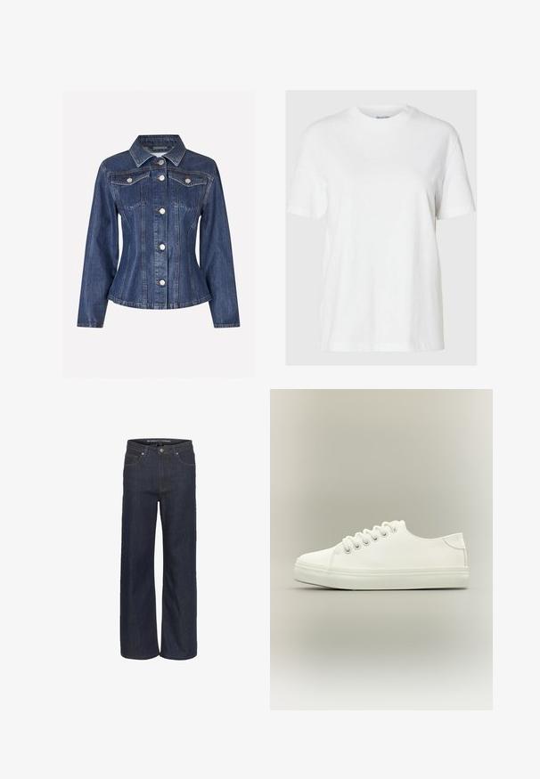 Envii EVELYN - Jeansjacke - waxed denim; Weißes Baumwoll-T-Shirt mit kurzen Ärmeln und rundem Ausschnitt. Hat eine lockere Passform und ein minimales Design ohne Muster oder Akzente.; Dunkelblaues, weites Jeanspaar mit hoher Taille, das über fünf Taschen, kontrastierende Nähte und einen rohen Saum am unteren Ende verfügt.; Weißer Low-Top-Sneaker mit weißen Schnürsenkeln und Gummisohle, seitlich auf neutralem Hintergrund dargestellt.