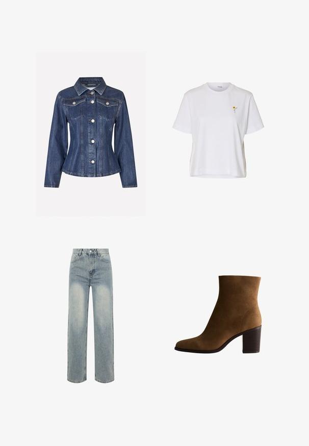 Envii EVELYN - Farkkutakki - waxed denim; Valkoinen puuvillapaita lyhyillä hihoilla ja pyöreällä kaula-aukolla. Vasemmassa rinnassa on pieni keltainen kukka brodeerattuna. Rentoa istuvuutta.; Korkeavyötäröiset, vaaleanpesut suoralahkeiset farkut, joissa on etutaskut, vyölenkit, nappikiinnitys ja haalistuneet yksityiskohdat reiden kohdalla.; Ruskean nahkakengät nilkkapituisilla varrella, joissa on pyöreä kärki, tukevat lohkareet ja sileä pinta. Ominaisuuksiin kuuluu yksinkertainen muotoilu ilman näkyvää varustusta.