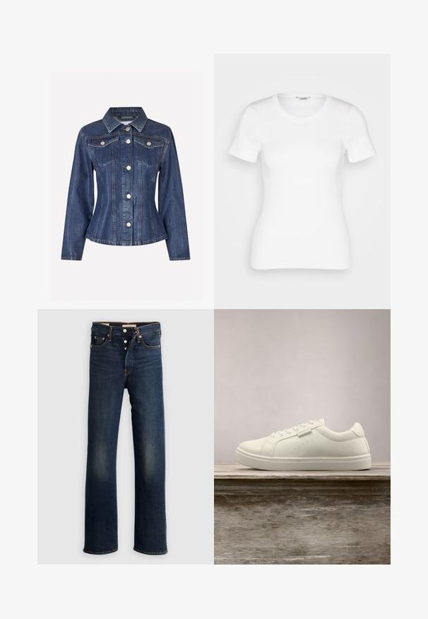 Envii EVELYN - Jeansjacke - waxed denim; Weißes Baumwoll-T-Shirt mit kurzen Ärmeln, rundem Ausschnitt und gerippter Textur. Schmal geschnittenes Design mit einer glatten, sauberen Verarbeitung.; Dunkelblaue Jeans aus Denim mit geradem Bein, fünf Taschen, Knopfverschluss und dezenten Verwaschungen an den Oberschenkeln. Klassische Nahtdetails.; Weißer Leder-Sneaker mit Schnürsenkeln schwebt über einer hölzernen Bank, im Hintergrund ist das grüne hohe Gras unscharf zu sehen.