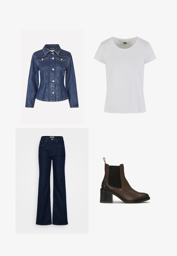 Envii EVELYN - Jeansjacke - waxed denim; Weißes T-Shirt mit kurzen Ärmeln aus Baumwolle. Mit einem runden Ausschnitt und einer taillierten Form. Das Etikett trägt die Aufschrift "URBAN CLASSICS."; ONLY Tall ONLJUICY WIDE RINSE - Wide Leg - dark blue denim; Braune Leder-Stiefeletten mit elastischen Seitenteilen, einem Blockabsatz, glatter Textur und einer Zuglasche für einfaches An- und Ausziehen.