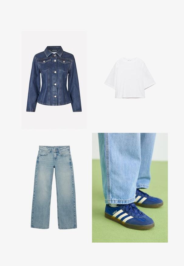 Envii EVELYN - Jeansjacke - waxed denim; Weißes, kurzärmeliges, kastiges T-Shirt aus weicher Baumwolle. Es verfügt über einen Rundhalsausschnitt und breite Ärmel mit einem klaren, schlichten Design.; Hellblaue Jeans mit geradem Bein, vorn mit Knöpfen, Gürtelschlaufen und Taschen, mit subtiler ausgewaschener und zerknitterter Denim-Textur.; Blaue Wildleder-Sneaker mit weißen Streifen und strukturierten Mustern, kombiniert mit hellblauen Jeans, vor einem grünen Hintergrund.