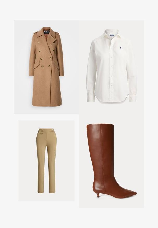 Long manteau croisé en laine mélangée marron clair, doté de boutons dorés, de revers crantés et de poches latérales. Texture lisse.; Chemise blanche à manches longues avec boutons, col et petit logo bleu d’un joueur de polo sur la poitrine gauche.; Pantalons beiges ajustés avec une texture lisse, taille haute, deux boutons décoratifs et une poche arrière. Design à jambe droite.; Botte en cuir marron montant jusqu’au genou avec bout pointu et petit talon kitten sur un fond uni clair.