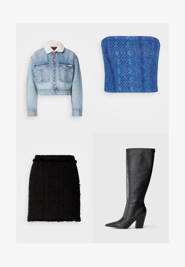 Afskåret denimjakke i lyseblå, med en hvid, fluffy krave, sølvknapper og to frontlommer med synlige syningsdetaljer.; HOSBJERG KARIN PATCH - Top - denim; Sort tweed nederdel med en struktureret overflade. Har en lige pasform, høj talje og let frynset kant. Enkel design, ingen synlige hardware.; Sort læderknehøj støvle med spids tå og kraftig høj hæl, vist i venstre sideprofil på hvid baggrund.
