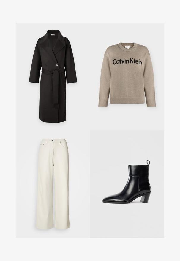 Manteau noir en tissu texturé, présentant un devant croisé, un large col et une ceinture assortie à la taille.; Pull en tricot beige à manches longues avec poignets et ourlet côtelés, portant le logo "Calvin Klein" noir sur la poitrine.; Pantalons larges de couleur crème en tissu lisse. Dotés d'une taille mi-haute, d'une fermeture éclair et de deux poches avant avec des accents en matériel noir.; Bottine en cuir noir avec un bout pointu, un talon empilé géométrique et une languette à l'arrière. Texture lisse et design épuré.