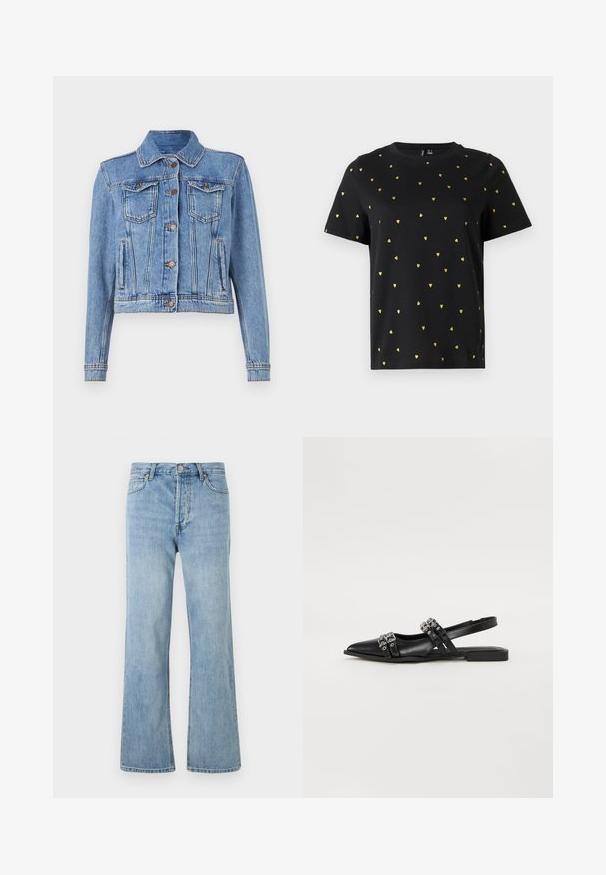 Lyseblå denimjakke med knap-front, to brystlommer og lige skærm. Den har synlig syning og en klassisk krave.; Sort T-shirt med korte ærmer lavet af bomuld, prydet med små guld hjerter, der er jævnt fordelt over stoffet. Rund halsudskæring.; Lyseblå højtaljede denimjeans med knaplukning, for- og baglommer samt lige ben på en hvid baggrund.; Even&Odd by Zalando Slingback-ballerinasko - black