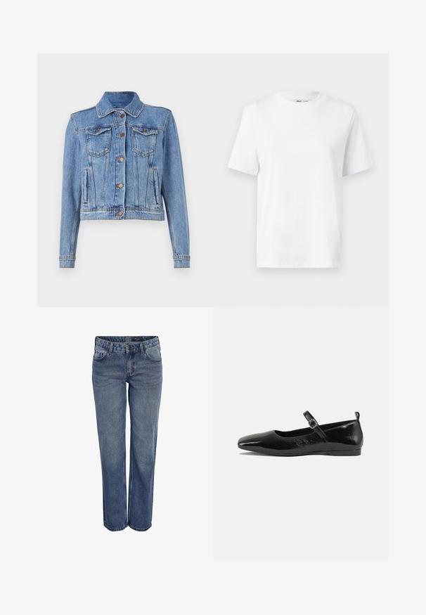 Lyseblå denimjakke med knap-front, to brystlommer og lige skærm. Den har synlig syning og en klassisk krave.; Hvid bomulds T-shirt med rund hals, kortærmet og en glat tekstur. Designet med en afslappet pasform for komfort og alsidighed.; Blå denim jeans med en lige benudskæring, der har et klassisk fem-lomme design, diskrete stikninger og en knaplukning.; Sorte patentlæder flade sko med spidse tæer, en ankelrem med spænde og en glat, blank tekstur. Lav hæl for komfort.