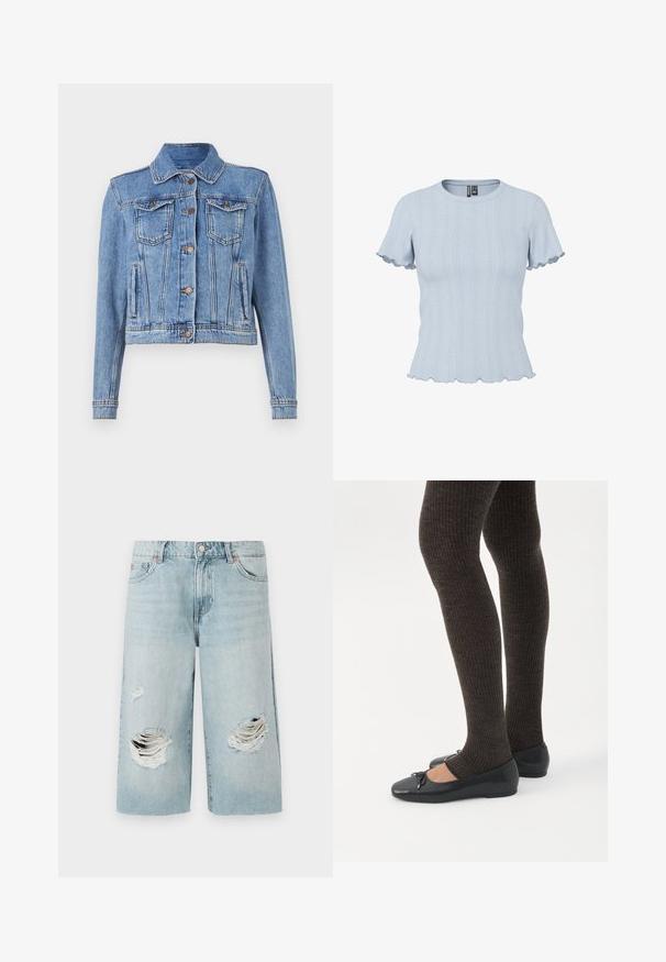 Lyseblå denimjakke med knap-front, to brystlommer og lige skærm. Den har synlig syning og en klassisk krave.; Lyseblå strikbluse med korte ærmer, ribstrikkede og blonde-lignende mønstre, rund halsudskæring og flæsekant på ærmer og bund.; Lyseblå denimshorts med løs pasform, der har to store slidte huller foran. Fem lommer og en synlig metalknaplukning.; Ben iført mørke ribbede leggings kombineret med sorte balletsko med små sløjfedetaljer på hvid baggrund.