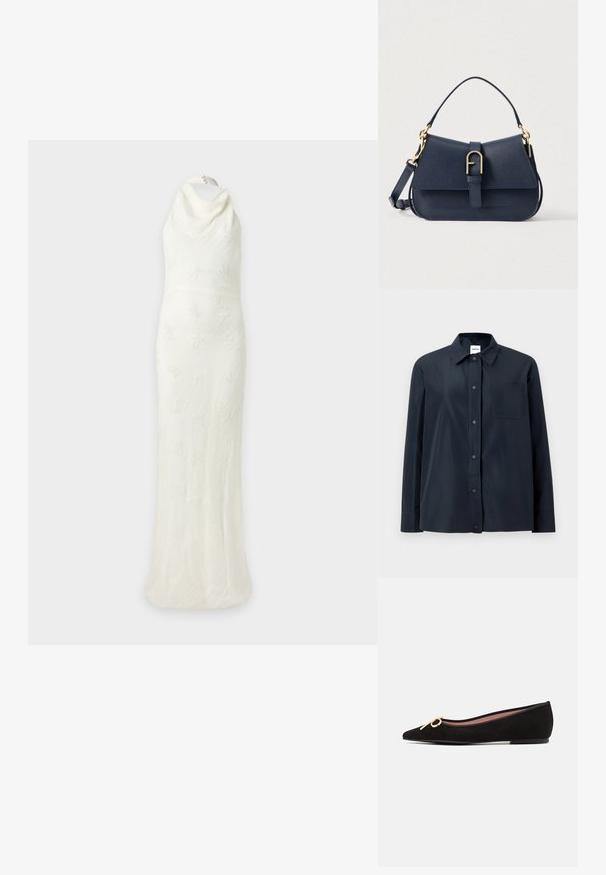 Chemise noire à manches longues avec boutons-pression sur le devant, une poche poitrine unique et un col pointu, présentée sur un fond clair uni.; Longue robe blanche sans manches avec col halter et motif discret à texture florale sur tout le tissu, présentée sur un fond uni.; Chaussure plate en daim noir avec un bout pointu, ornée d'un accent en métal doré en forme de nœud et d'une doublure intérieure lisse.; Sac à main en cuir bleu marine avec fermeture à boucle en or, poignée courte et bandoulière réglable détachable sur fond uni.