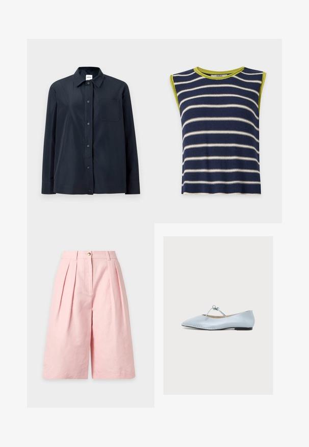 Chemise noire à manches longues avec boutons-pression sur le devant, une poche poitrine unique et un col pointu, présentée sur un fond clair uni.; Haut sans manches en maille bleu marine avec des rayures horizontales blanches et une bordure vert citron autour du col et des emmanchures.; Shorts taille haute, longueur genou, rose clair, avec plis devant, passants pour ceinture et fermeture par bouton doré sur fond uni.; Ballerine en cuir bleu clair avec bout pointu, semelle fine et bride nouée en forme de nœud sur le dessus, sur fond blanc uni.