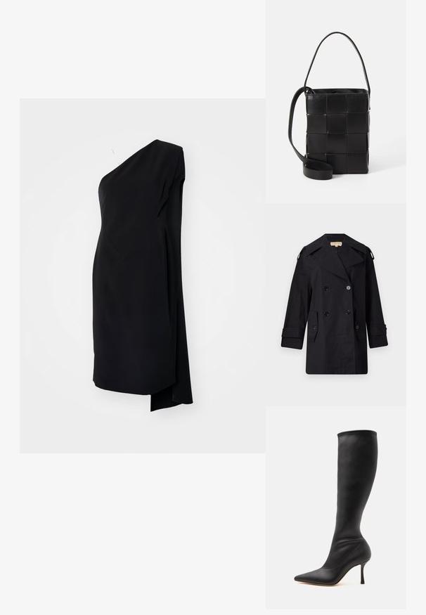 Manteau trench noir à double boutonnage avec un large col, des boutons et des poches latérales. Fabriqué en tissu lisse avec une coupe droite et des manches retroussées.; Robe asymétrique noire à une épaule, en tissu satiné, avec un design drapé et une fente sur le côté pour un détail supplémentaire.; Botte noire en cuir montant jusqu'au genou, à bout pointu avec un talon aigu fin, sur fond blanc.; Sac en cuir noir avec un design tissé. Forme rectangulaire, courte anse et sangle ajustable. Texture lisse avec une finition mate.