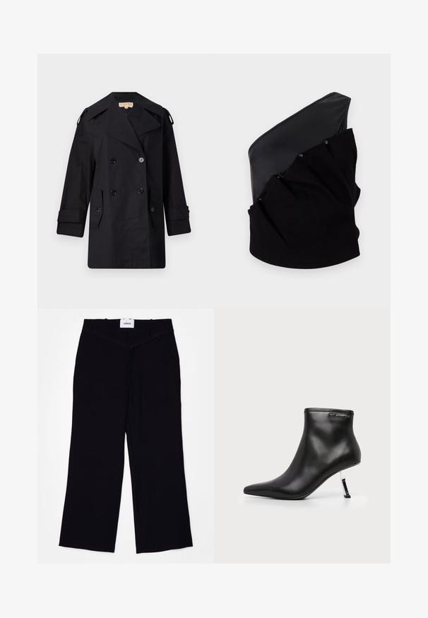 Manteau trench noir à double boutonnage avec un large col, des boutons et des poches latérales. Fabriqué en tissu lisse avec une coupe droite et des manches retroussées.; Haut asymétrique noir avec un panneau en cuir lisse et un tissu tricoté texturé, doté de détails froncés et de boutons-pression.; Pantalons larges noirs en tissu lisse. Dotés d'une taille plate avec passants de ceinture et d'une finition soignée aux ourlets.; Bottine en cuir noir avec un bout pointu et un talon aiguille argenté brillant sur fond blanc.