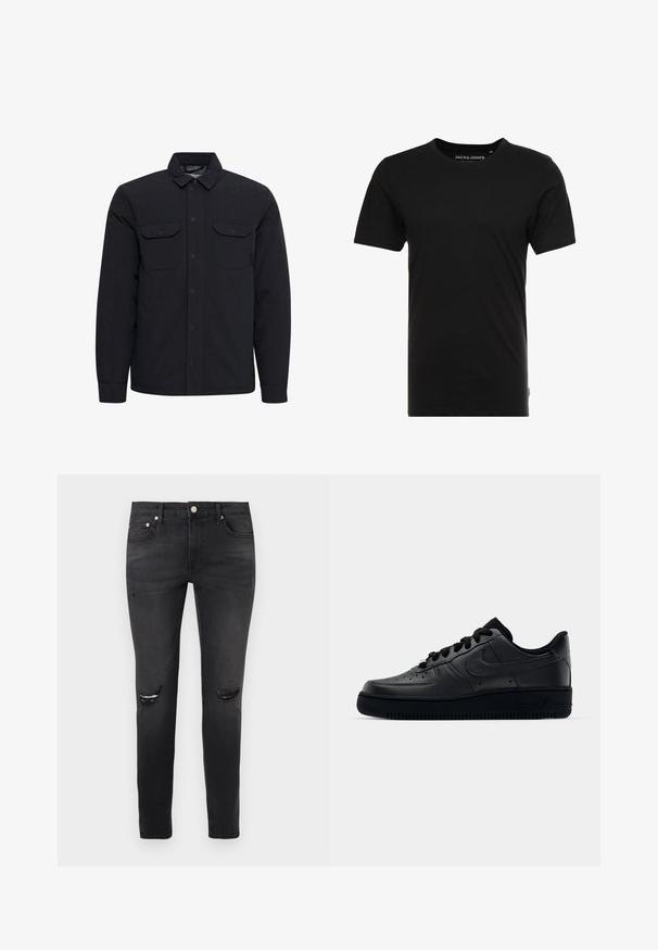 Veste matelassée noire avec une fermeture boutonnée à l'avant, deux poches poitrine et un col rabattu. Fabriquée dans un tissu lisse et durable.; T-shirt noir à manches courtes en coton, avec un col rond et une étiquette logo discrète sur le côté. Design simple et polyvalent.; Jean noir slim-fit avec déchirures sur les genoux, style cinq poches, et fermeture par bouton sur la ceinture avant.; Baskets Nike Air Force 1 noires avec un dessus en cuir lisse, bout perforé pour la respirabilité, lacets noirs et semelle en caoutchouc texturé.