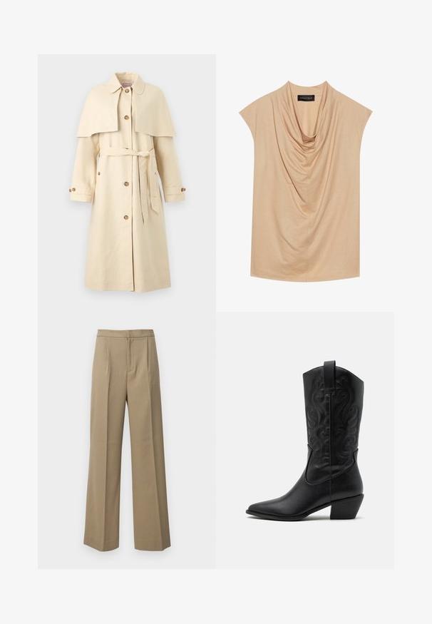 Beige trench coat yang terbuat dari kain halus, dilengkapi dengan overlay jubah, sabuk, dan penutupan kancing. Desainnya mencakup kancing besar dan kerah klasik.; Vaalean beige kankainen toppi, jossa on pehmeä materiaali, lyhyet hihat ja hollantilainen kaula-aukko. Tasainen rakenne, jossa on hienovaraisia poimintoja kauttaaltaan.; Housut vaaleanbeigeä leveää lahkeiden tyyliä, valmistettu teksturoituneesta kankaasta. Etupuolella poimutukset ja litteä vyötärönauha. Ei näkyviä kiinnityksiä tai taskuja.; Musta nahkasaapas cowboy-malli, jossa on terävä kärki, kohokuvioituja pyörteileviä kuvioita ja keskikorkea korko. Varustettu vetoketjulla helppoa pukeutumista varten.
