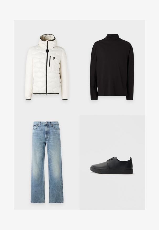 Doudoune blanche avec un motif matelassé, capuche, fermeture éclair à l'avant et accents noirs sur la fermeture éclair et les poignets. Comprend une poche poitrine.; Haut à col roulé noir à manches longues en tissu doux et lisse, avec une coupe décontractée et sans motifs ni accents visibles.; Jean droit en denim bleu clair avec taille haute, cinq poches, fermeture à boutons et léger délavage sur les cuisses et les genoux.; Baskets en cuir noir avec une finition lisse, bout arrondi, coutures ton sur ton, devant à lacets et semelle plate en caoutchouc. Anse au talon.