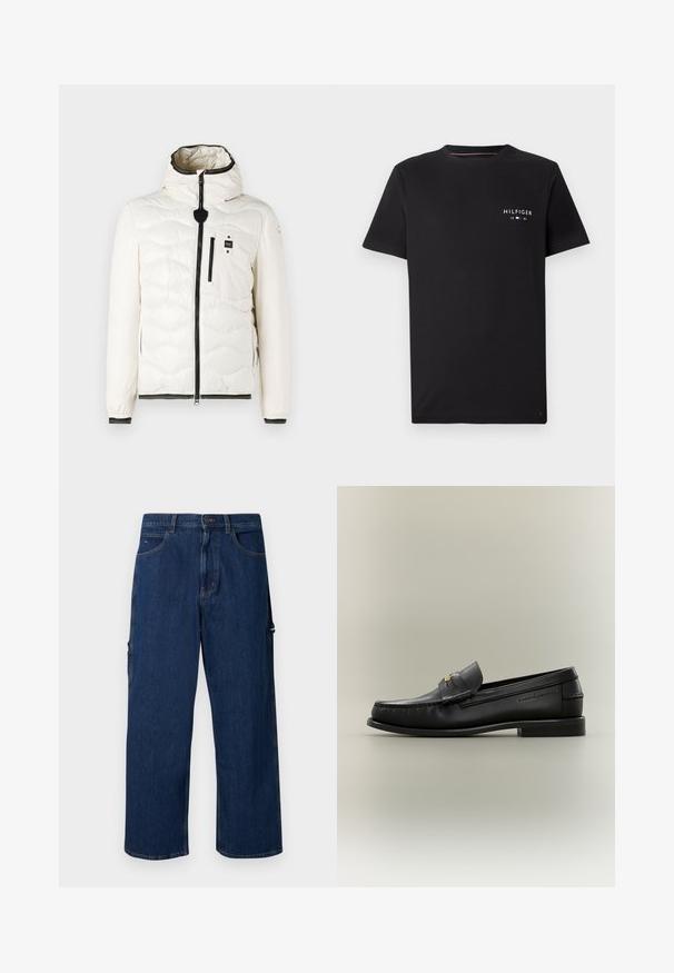 Doudoune blanche avec un motif matelassé, capuche, fermeture éclair à l'avant et accents noirs sur la fermeture éclair et les poignets. Comprend une poche poitrine.; T-shirt noir à manches courtes en coton, arborant un logo blanc "HILFIGER" avec "1985" et un petit détail de fanion sur la poitrine.; Pantalons cargo en denim bleu foncé avec une coupe ample, dotés de poches latérales, de jambes droites et de coutures visibles le long des coutures.; Mocassin noir en cuir à enfiler avec petit talon, boucle dorée et nom de marque embossé sur le côté sur fond neutre.