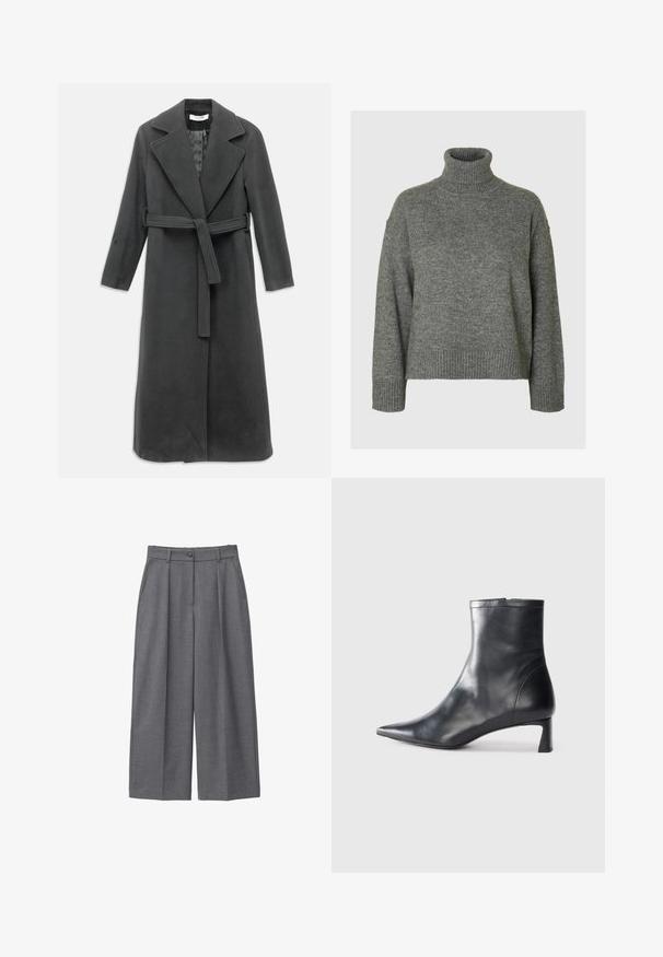 Mørkegrå uldfrakke med en flænset krave, lange ærmer og en bælte i taljen. Har en lige snit og glat tekstur.; Grå turtleneck sweater lavet af et blødt, tekstureret materiale med en afslappet pasform. Har ribbede detaljer ved krave, ærmer og kant. Enkel design.; Grå bredbenede bukser lavet af glat stof, med høj talje, læg, knaplukning og sidelommer. Minimalistisk design.; Sort læder ankelstøvle med spids tå og et strømlinet design. Har en lav hæl og en lynlås lukning bagpå. Glat tekstur.