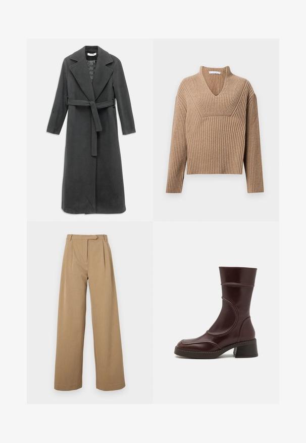 Mørkegrå uldfrakke med en flænset krave, lange ærmer og en bælte i taljen. Har en lige snit og glat tekstur.; Beige ribstrikket sweater med dyb V-udskæring, lange ærmer og en struktureret panel ved brystet. Korte længde med en afslappet pasform.; Vidde bukser i lys brun, lavet af tekstureret stof. Har frontplisser og en tætsiddende talje. Simpelt design uden synligt hardware.; MIISTA MALENE - Støvletter - brown