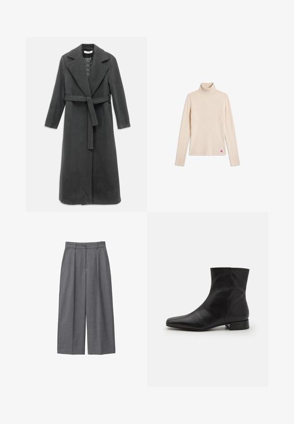 Manteau en laine gris foncé avec un col cranté, des manches longues et une taille ceinturée. Présente une coupe droite et une texture lisse.; Pull beige côtelé à col roulé manches longues avec un petit patch logo près de l'ourlet inférieur sur fond blanc.; Pantalons larges gris en tissu lisse, dotés d'une taille haute, de plis, d'une fermeture à bouton et de poches latérales. Design minimaliste.; Botte cheville en cuir noir avec un bout pointu, texture lisse, design minimaliste et un petit talon carré. La fermeture éclair sur le côté monte jusqu'à la cheville.