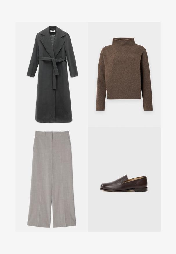 Mørkegrå uldfrakke med en flænset krave, lange ærmer og en bælte i taljen. Har en lige snit og glat tekstur.; Brun, cropped sweater med en høj, fold-over hals, lange ærmer og et blødt, tekstureret stof. Minimalistisk design uden synlig hardware.; Lys grå, vide bukser i et glat, tekstureret stof. Funktioner omfatter sidelommer og en skræddersyet pasform med en lige skæring.; Brune læder loafers med en glat overflade, rund tå, lav stakket hæl og minimal syning, sat mod en hvid baggrund.