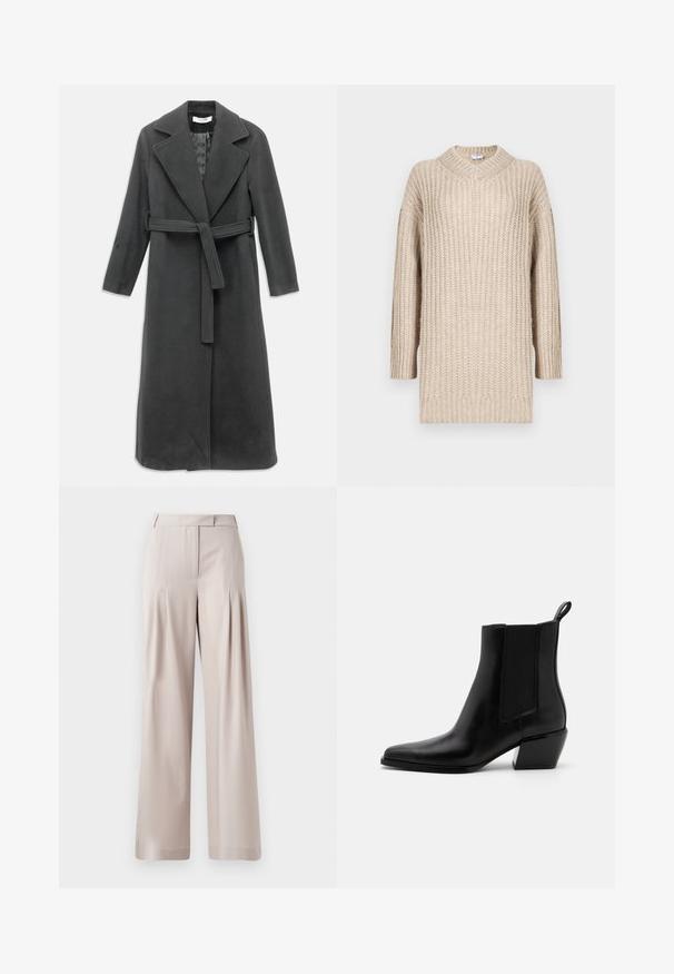 Mørkegrå uldfrakke med en flænset krave, lange ærmer og en bælte i taljen. Har en lige snit og glat tekstur.; Beige strikket sweater med V-udskæring, lange ærmer og ribbet tekstur. Løs pasform med lige snit, der fremhæver en hyggelig stil og komfort.; Beige vidde bukser med en glat tekstur, plisseret frontdesign og en skræddersyet talje. Velegnet til formelt eller afslappet brug.; Sorte læder ankelstøvler med spidse tæer, elastiske sidepaneler og en lav blokhæl. Har en pull-tab ved hælen for nem påtagning.