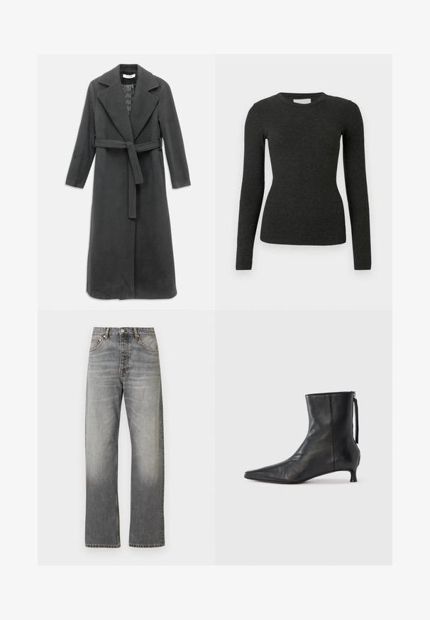 Manteau en laine gris foncé avec un col cranté, des manches longues et une taille ceinturée. Présente une coupe droite et une texture lisse.; Haut noir à manches longues en tissu côtelé. Col rond, coupe ajustée et texture lisse sans motifs ni accents.; Jean droit gris taille haute avec délavage usé, fermeture à boutons sur le devant et design à cinq poches.; Bottine en cuir noir à bout pointu, forme structurée et petit talon. Dispose d'une fermeture éclair latérale et d'un design minimaliste.