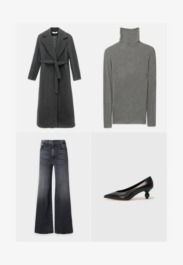 Manteau en laine gris foncé avec un col cranté, des manches longues et une taille ceinturée. Présente une coupe droite et une texture lisse.; Chandail à col roulé gris à manches longues en tissu doux et texturé. Il présente un design à col haut et une silhouette ajustée.; Jean noir taille haute à jambes larges avec poches avant et fermeture à bouton, présentant de subtils détails de décoloration et de stries.; Chaussure à talon haut en cuir noir avec un bout pointu et un talon arrondi. Texture lisse avec un design épuré et minimal.