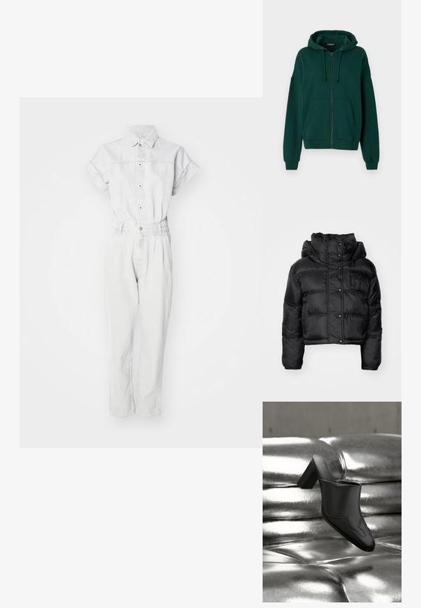 Chaqueta acolchada recortada negra con cuello alto, botones a presión y logotipo bordado en el pecho. Presenta puños fruncidos y un diseño acolchado.; Mono de mezclilla en gris claro con cuello tipo camisero, mangas cortas, frente abotonado y piernas ajustadas con cintura ceñida.; Sudadera con cremallera de color verde oscuro, fabricada en un tejido suave. Cuenta con capucha con cordón, bolsillos frontales y puños y dobladillo acanalados.; Mula de cuero negro con tacón ancho descansando sobre una superficie plateada brillante acolchada, destacando su diseño elegante y detalles curvados.