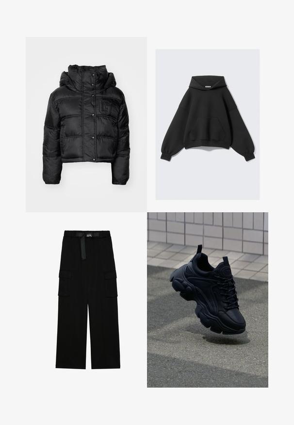 Veste courte rembourrée noire avec un col haut, des boutons-pression et un logo brodé sur la poitrine. Dispose de poignets froncés et d'un design matelassé.; Sweat à capuche noir à coupe ample, manches longues et poche avant. Fabriqué en tissu doux avec une texture lisse.; Pantalons cargo noirs avec une coupe large, taille élastique avec une ceinture, et deux grandes poches latérales pour le rangement.; Baskets en cuir noir au design chunky, avec une semelle épaisse, des panneaux texturés et des lacets noirs. Flottant au-dessus d'un pavé gris.