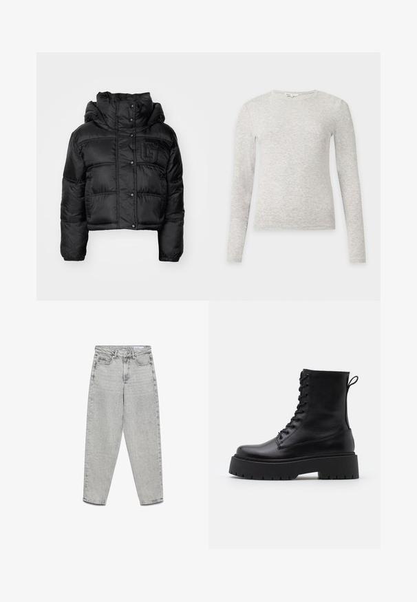 Veste courte rembourrée noire avec un col haut, des boutons-pression et un logo brodé sur la poitrine. Dispose de poignets froncés et d'un design matelassé.; Pull en maille gris clair à manches longues et col rond, coupe ajustée sur un fond clair uni.; Jean gris clair taille haute, coupe droite, avec poches avant, passants de ceinture et fermeture éclair.; Bottines en cuir noir avec un bout rond, un laçage à l'avant et une épaisse semelle en caoutchouc dotée d'un motif texturé. Tirer au dos.