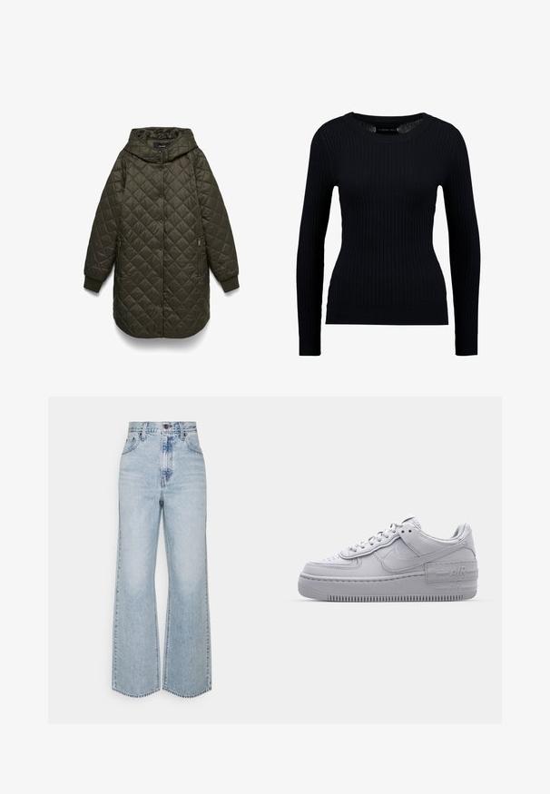 Chaqueta larga acolchada de color verde oliva oscuro con capucha, cierre frontal de botones a presión, bolsillos laterales con cremallera y puños acanalados.; Suéter negro de manga larga con costillas, de cuello redondo y silueta ajustada. La textura es suave con un ligero estiramiento en todo el tejido.; Jeans anchos de mezclilla de un azul claro con una cintura alta, diseño clásico de cinco bolsillos y costuras en contraste. Detalle de dobladillo sin terminar en la parte inferior.; Zapatilla Nike Air Force 1 gris con puntera perforada, parte superior de cuero suave, suela gruesa y detalle en relieve 'AIR' en el talón.