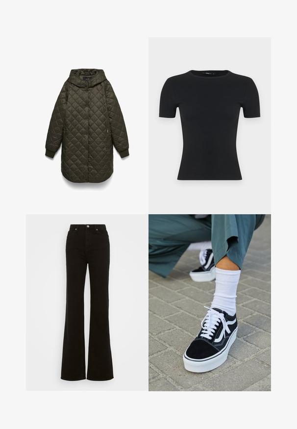Chaqueta larga acolchada de color verde oliva oscuro con capucha, cierre frontal de botones a presión, bolsillos laterales con cremallera y puños acanalados.; Camiseta negra de manga corta con textura acanalada, escote redondo, diseño ceñido al cuerpo, confeccionada con tejido texturizado, acabado suave y sin detalles visibles.; Vaqueros acampanados de tiro alto en negro, hechos de mezclilla, con cierre de botón, bolsillos laterales y una textura suave.; Zapatillas de ante negro con acentos y cordones blancos, que cuentan con una gruesa suela blanca y costuras en contraste, combinadas con un calcetín blanco.