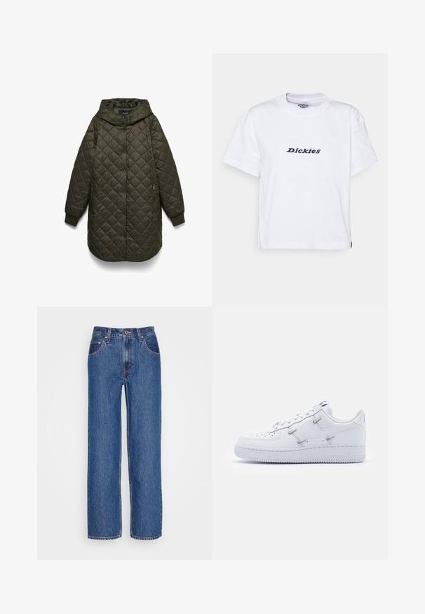Donkergroene gequiltte lange jas met capuchon, drukknoopsluiting aan de voorkant, met rits afsluitbare zijzakken en geribbelde manchetten.; Dickies LORETTO TEE - T-shirt print - white; Levi's® 94 BAGGY SILVERTAB - Relaxed fit jeans - i'm never wrong stone; Nike Sportswear AIR FORCE 1 - Sneakers laag - white/hyper royal/black