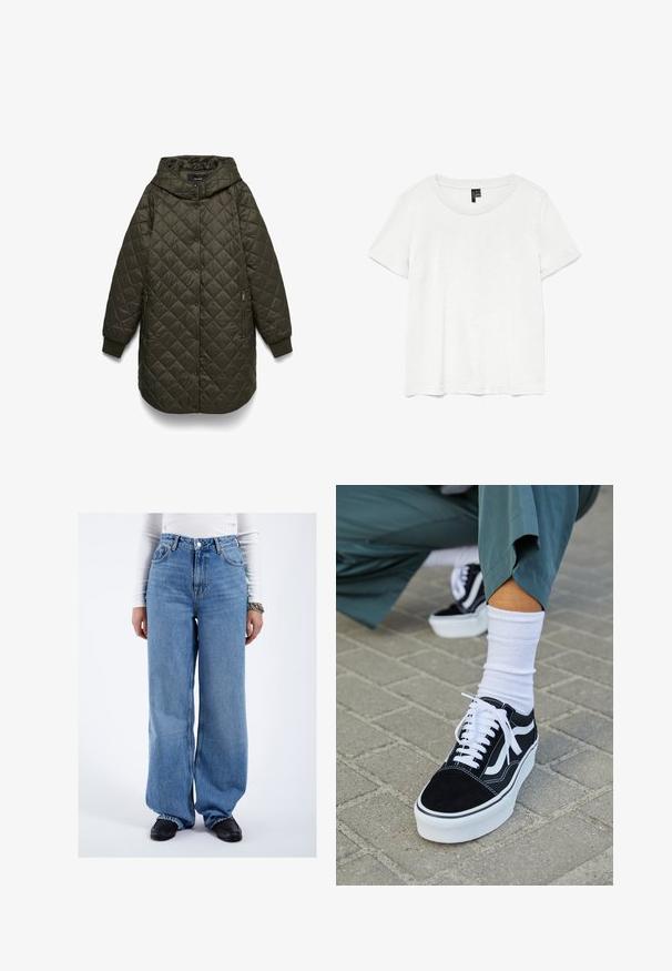 Chaqueta larga acolchada de color verde oliva oscuro con capucha, cierre frontal de botones a presión, bolsillos laterales con cremallera y puños acanalados.; Camiseta blanca de manga corta con un cuello redondo, hecha de tejido ligero. Diseño simple, textura suave y dobladillo recto.; Persona vistiendo vaqueros azules de talle alto y pierna ancha, mocasines negros, camiseta blanca de manga larga y una pulsera de cadena, de pie frente a un fondo blanco liso.; Zapatillas de ante negro con acentos y cordones blancos, que cuentan con una gruesa suela blanca y costuras en contraste, combinadas con un calcetín blanco.