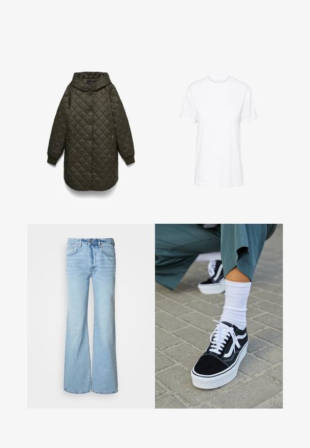 Mørke olivengrøn lang quiltet jakke med hætte, trykknaplukning foran, lynlåslommer i siderne og ribstrikkede manchetter.; Hvid bomulds t-shirt med korte ærmer, rund hals og en afslappet pasform, med en glat tekstur og uden synlige mønstre.; Lyseblå jeans med flared ben, lavet af denim, med knapper foran, fem lommer og diskret falmet effekt.; Sorte ruskinds sneakers med hvide accenter og snørebånd, der har en tyk hvid sål og kontrasterende syninger, parret med en hvid sok.