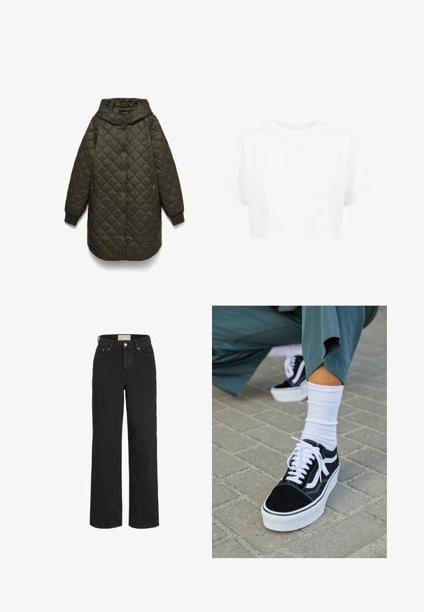 Donkergroene gequiltte lange jas met capuchon, drukknoopsluiting aan de voorkant, met rits afsluitbare zijzakken en geribbelde manchetten.; Witte cropped t-shirt, korte mouwen, ronde halslijn, gemaakt van gladde stof, zonder zichtbare patronen of opvallende hardware.; Zwarte jeans met hoge taille en rechte pijpen, met voorste knoop en rits, riemlussen en een ontwerp met vijf zakken.; Zwarte suède sneaker met witte accenten en veters, uitgerust met een dikke witte zool en contrasterende stiksels, gecombineerd met een witte sok.