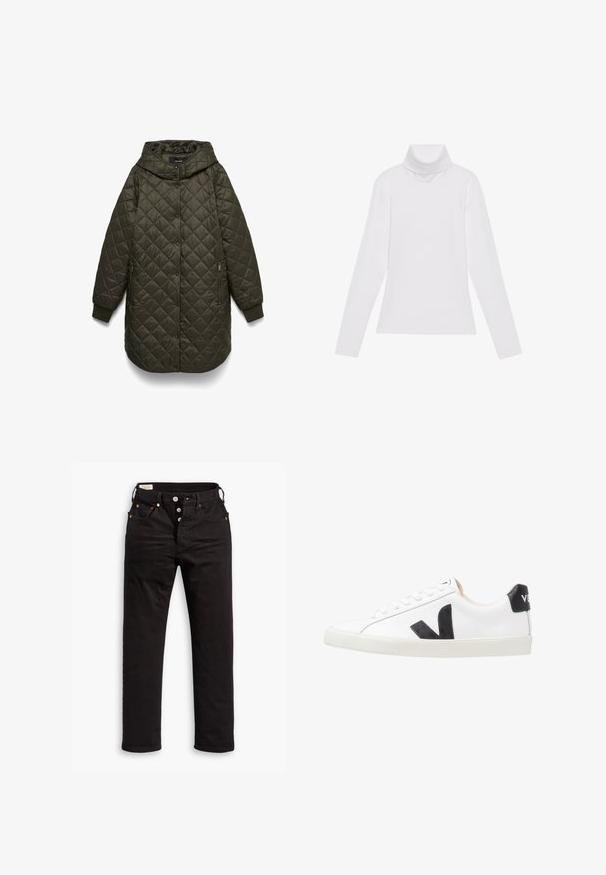 Veste longue matelassée vert olive foncé avec capuche, fermeture à boutons-pression sur le devant, poches latérales zippées et poignets côtelés.; Haut à col roulé à manches longues blanc, fabriqué en tissu lisse et extensible. Il présente un col haut et une coupe ajustée, sans motifs ni embellissements visibles.; Jean noir à jambe droite avec fermeture à boutons, poches avant et arrière, et détails en rivets cuivrés sur fond blanc.; Baskets blanches avec un logo V noir, présentant un dessus en cuir lisse, un bout rond, un système de laçage et un empiècement au talon noir contrastant.
