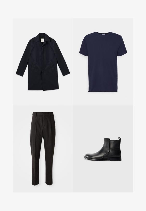 Marinefrakke med spids krave, enkeltrækket design, to sidelommer og glat stoftekstur. Minimalistisk stil, ingen synlig hardware.; Marineblå kortærmet t-shirt lavet af blødt stof. Har rund halsudskæring og en lige pasform uden mønstre eller accenter.; Sorte uldblandede bukser med lige pasform, der har flad front, to sidelommer og en glat tekstur.; Sort læder ankelstøvle med rund tå, elastiske sidepaneler og en tekstureret bagside. Har en flad gummisål og strop til at trække i.