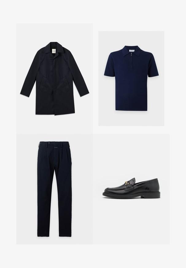 Marinefrakke med spids krave, enkeltrækket design, to sidelommer og glat stoftekstur. Minimalistisk stil, ingen synlig hardware.; Navyblå kortærmet skjorte med krave og lynlås foran, ensfarvet design, vist mod en neutral baggrund.; Navyblå herrebukser med bæltestropper, forreste knap og lynlåslukning, lagt fladt på en hvid baggrund.; Sorte læder loafers med en rund tå, der har guld hardware accent og syningsdetaljer, placeret på en lav, tekstureret gummisål.
