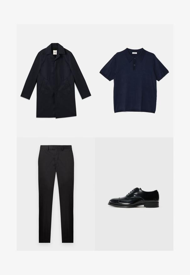 Marinefrakke med spids krave, enkeltrækket design, to sidelommer og glat stoftekstur. Minimalistisk stil, ingen synlig hardware.; sandro Poloshirts - marine; Sorte slim-fit bukser med bæltestropper, forreste knappe- og lynlåslukning samt sidelommer, vist mod en hvid baggrund.; Sort læder dress sko med en poleret finish, afrundet tå, snøredesign og en lav stablet hæl, der har en subtil sømdetalje.