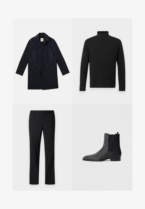 Marinefrakke med spids krave, enkeltrækket design, to sidelommer og glat stoftekstur. Minimalistisk stil, ingen synlig hardware.; Sort turtleneck skjorte lavet af glat stof. Har lange ærmer og en høj krave. Enkel design uden yderligere mønstre eller accenter.; Sorte skræddersyede bukser med lige ben, der har en glat overflade, plissee foran og en klassisk talje for et formelt udseende.; Sort læder Chelsea-støvle med elastiske sidepaneler og lav stakket hæl, vist i profil på en enkel lys baggrund.