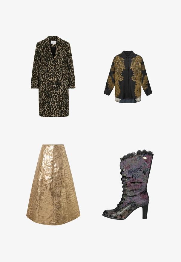 Abrigo de estampado de leopardo en tonos de negro y beige, con solapas muestradas, cierre de doble botón y dos bolsillos frontales. Tejido texturizado.; Camisa de satén negra con intrincados bordados de paisley dorado, cuello clásico, mangas largas y un ajuste relajado con un dobladillo dividido a los lados.; Falda línea A dorada con un patrón brillante y texturizado que asemeja un estampado abstracto de animales, con costuras verticales para dar estructura.; Botín de tacón alto con estampado floral morado, con borde de encaje, material de terciopelo y acentos metálicos. Presenta un cierre de cordones en la parte delantera y un diseño texturizado.