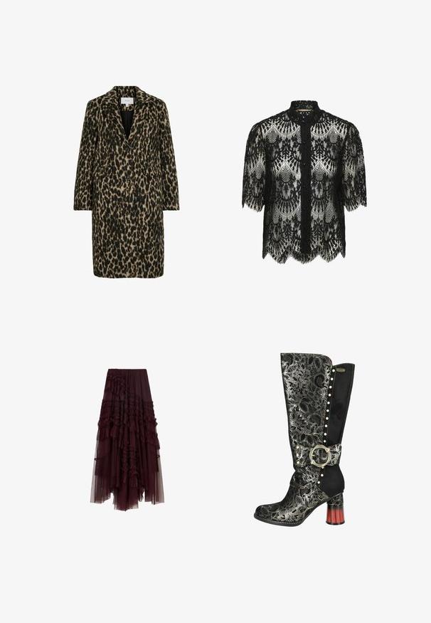 Abrigo de estampado de leopardo en tonos de negro y beige, con solapas muestradas, cierre de doble botón y dos bolsillos frontales. Tejido texturizado.; Blusa de encaje negra con dobladillo en forma de ondas y mangas cortas. Presenta un cuello alto y cierre de botones. Patrón floral intrincado en toda la prenda.; Falda de tul burdeos con capas acampanadas, cinturilla elástica y longitudes variadas, que presenta una textura suave y ligera.; Botas negras hasta la rodilla con patrón floral metálico, acento de hebilla plateada, tachuelas de perlas y tacón grueso de tono rojo. Están hechas de cuero y ante.
