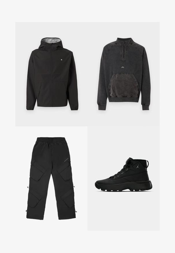 Schwarze leichte Kapuzenjacke mit Frontreißverschluss, elastischen Bündchen, Seitentaschen und kleinem weißen Logo auf der linken Brust.; Schwarzes Sweatshirt mit halbem Reißverschluss, Kängurutasche, gerippten Bündchen und Saum sowie kleinem "A C W" Logo auf der Brust.; Schwarze Cargo-Hosen aus leichtem, strukturiertem Material. Verfügen über einen elastischen Bund, mehrere große Taschen und verstellbare Bündchen.; Schwarze hochgeschnittene Sportschuhe mit einer strukturierten Synthetik-Oberfläche, ausgestattet mit Metallösen, schwarzen Schnürsenkeln und einer Gummisohle mit Traktionsmustern.