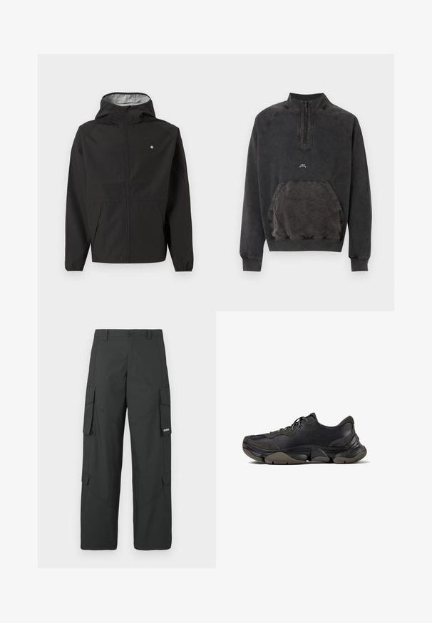 Schwarze leichte Kapuzenjacke mit Frontreißverschluss, elastischen Bündchen, Seitentaschen und kleinem weißen Logo auf der linken Brust.; Schwarzes Sweatshirt mit halbem Reißverschluss, Kängurutasche, gerippten Bündchen und Saum sowie kleinem "A C W" Logo auf der Brust.; Schwarze gerade Cargo-Hosen mit seitlichen Klappentaschen, Druckknopfverschluss, Gürtelschlaufen und kleinem weißen Logo auf der Klappentasche rechts.; Schwarzer Sportschuh mit strukturiertem Sohle, Obermaterial aus Leder und Wildleder, gepolstertem Kragen und Schnürverschluss, im seitlichen Profil dargestellt.