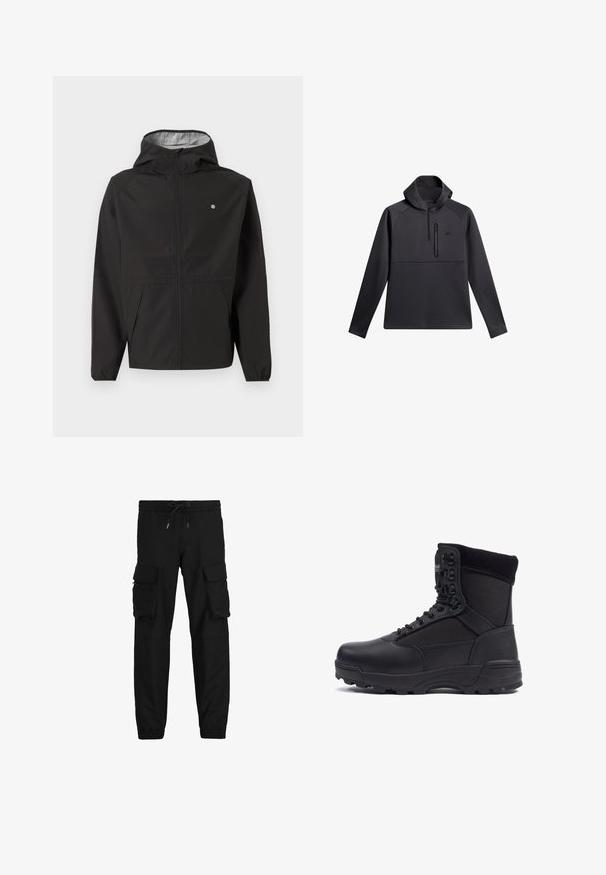 Schwarze leichte Kapuzenjacke mit Frontreißverschluss, elastischen Bündchen, Seitentaschen und kleinem weißen Logo auf der linken Brust.; Schwarzer Pullover mit Kapuze, ausgestattet mit einem Viertel-Reißverschluss auf der Vorderseite, Raglanärmeln und einer mit Reißverschluss versehenen Brusttasche; glatte Textur und sportliches Design.; Schwarze Cargo-Hosen aus Baumwollmischung mit elastischem Bund, schmalen Bündchen und zwei großen Seitentaschen mit Klappen.; Schwarzer taktischer Stiefel mit einem glatten Lederoberteil und Stoffpaneelen, hoher Knöchelgestaltung, schnürbarem vorderen Teil und robustem Gummisohle.