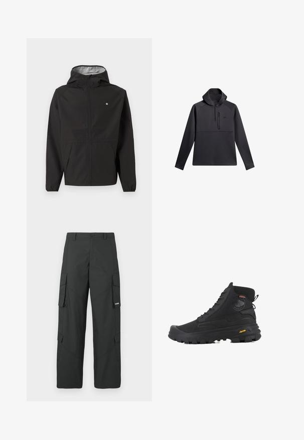 Schwarze leichte Kapuzenjacke mit Frontreißverschluss, elastischen Bündchen, Seitentaschen und kleinem weißen Logo auf der linken Brust.; Schwarzer Pullover mit Kapuze, ausgestattet mit einem Viertel-Reißverschluss auf der Vorderseite, Raglanärmeln und einer mit Reißverschluss versehenen Brusttasche; glatte Textur und sportliches Design.; Schwarze gerade Cargo-Hosen mit seitlichen Klappentaschen, Druckknopfverschluss, Gürtelschlaufen und kleinem weißen Logo auf der Klappentasche rechts.; Schwarze hohe Stiefel mit strukturierten Oberflächen, ausgestattet mit einem wasserdichten Design, Schnürsystem und einer ausgeprägten Gummisohle mit Vibram-Branding.