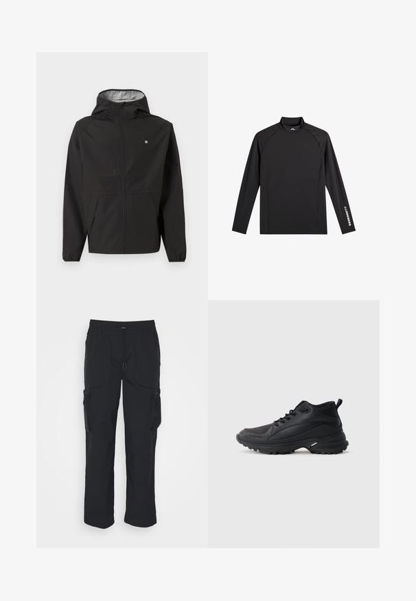 Schwarze leichte Kapuzenjacke mit Frontreißverschluss, elastischen Bündchen, Seitentaschen und kleinem weißen Logo auf der linken Brust.; Schwarzes Langarm-Sportoberteil mit Stehkragen, schlanker Passform und weißem "J.Lindeberg"-Logo am linken Ärmel und Kragen.; Schwarze Cargo-Hosen aus gewebtem Stoff. Mit verstellbarem Bund, Seitentaschen und zwei Utility-Taschen mit Reißverschlüssen.; Schwarze Sportschuhe aus synthetischem Material. Ausgestattet mit einem gepolsterten Kragen, einer runden Spitze, einer robusten Laufsohle mit Profil und einem Markenlogo.